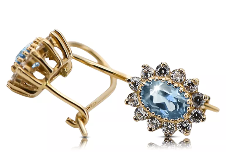 Yellow 14k gold 585 Aquamarine earrings cec026y-aq Russian Soviet USSR Vintage Art Deco style