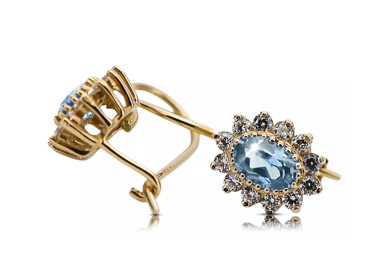 Yellow 14k gold 585 Aquamarine earrings cec026y-aq Russian Soviet USSR Vintage Art Deco style