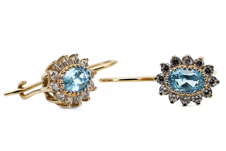 Yellow 14k gold 585 Aquamarine earrings cec026y-aq Russian Soviet USSR Vintage Art Deco style