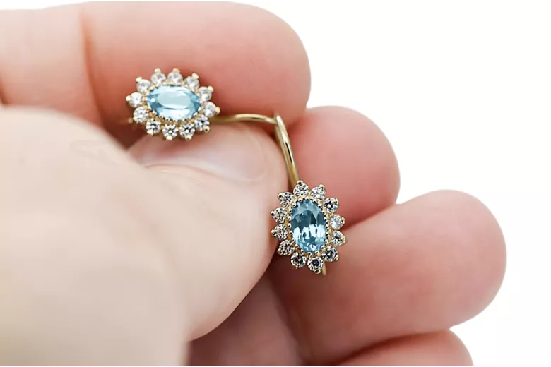 14k κίτρινο χρυσό 585 Aquamarine Σκουλαρίκια cec026y-aq Russian Soviet USSR Vintage Jewlery Art Deco style