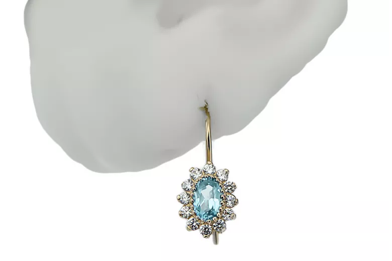 Yellow 14k gold 585 Aquamarine earrings cec026y-aq Russian Soviet USSR Vintage Art Deco style