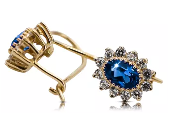 Or jaune 14 carats 585 Sapphire des boucles d'oreilles cec026y-sp Russe Soviétique URSS Style vintage Art Deco style