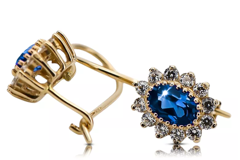 Yellow 14k gold 585 Sapphire earrings cec026y-sp Russian Soviet USSR Vintage style Art Deco style