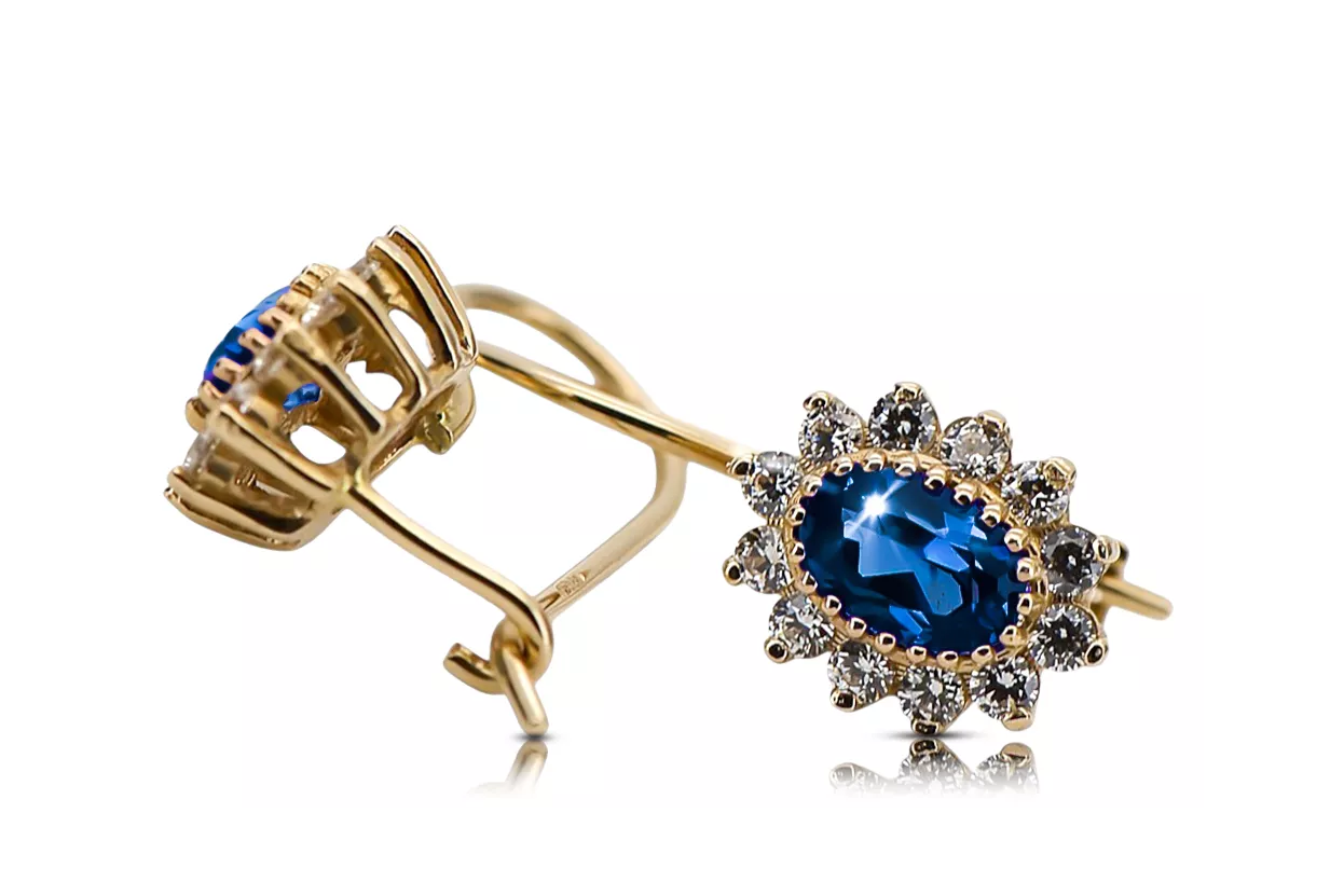 Yellow 14k gold 585 Sapphire earrings cec026y-sp Russian Soviet USSR Vintage style Art Deco style