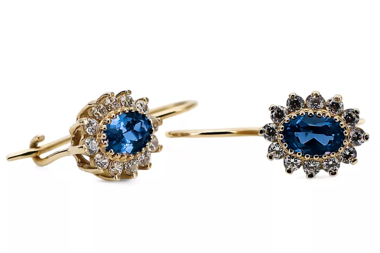 14k geltonas auksas 585 Sapphire auskarai cec026y-sp Rusų Tarybinis TSRS Vintažiniai amatai Art Deco style Rusiški vintažo papuo