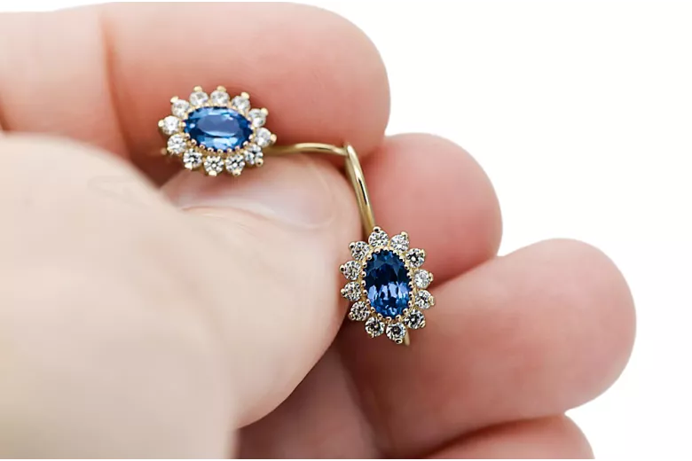 14k žlté zlato 585 Sapphire náušnice cec026y-sp Russian Soviet USSR Vintage craft Art Deco style