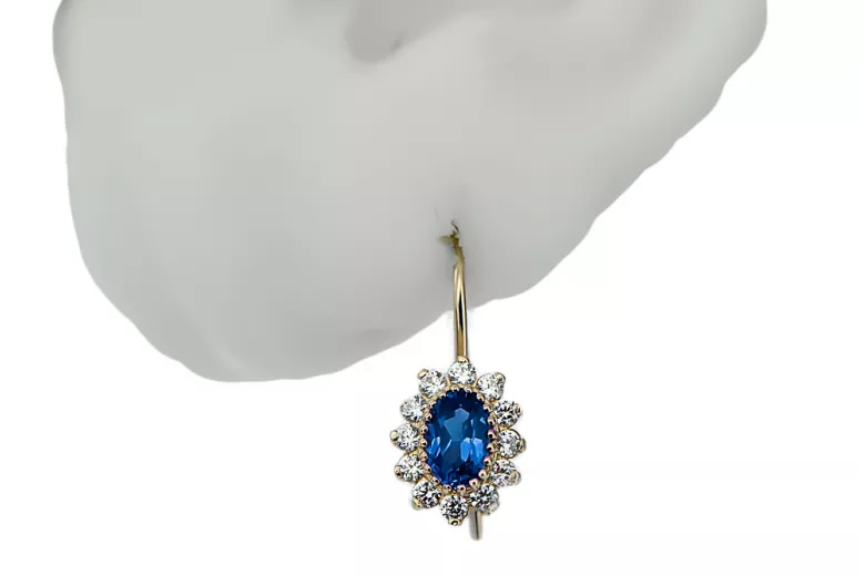 14k geltonas auksas 585 Sapphire auskarai cec026y-sp Rusų Tarybinis TSRS Vintažiniai amatai Art Deco style Rusiški vintažo papuo