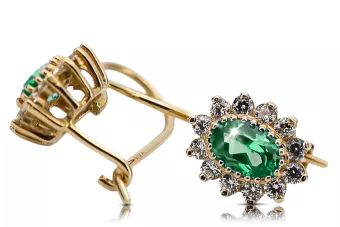 Yellow 14k gold 585 Emerald earrings cec026y-em Russian Soviet USSR Vintage craft Art Deco style