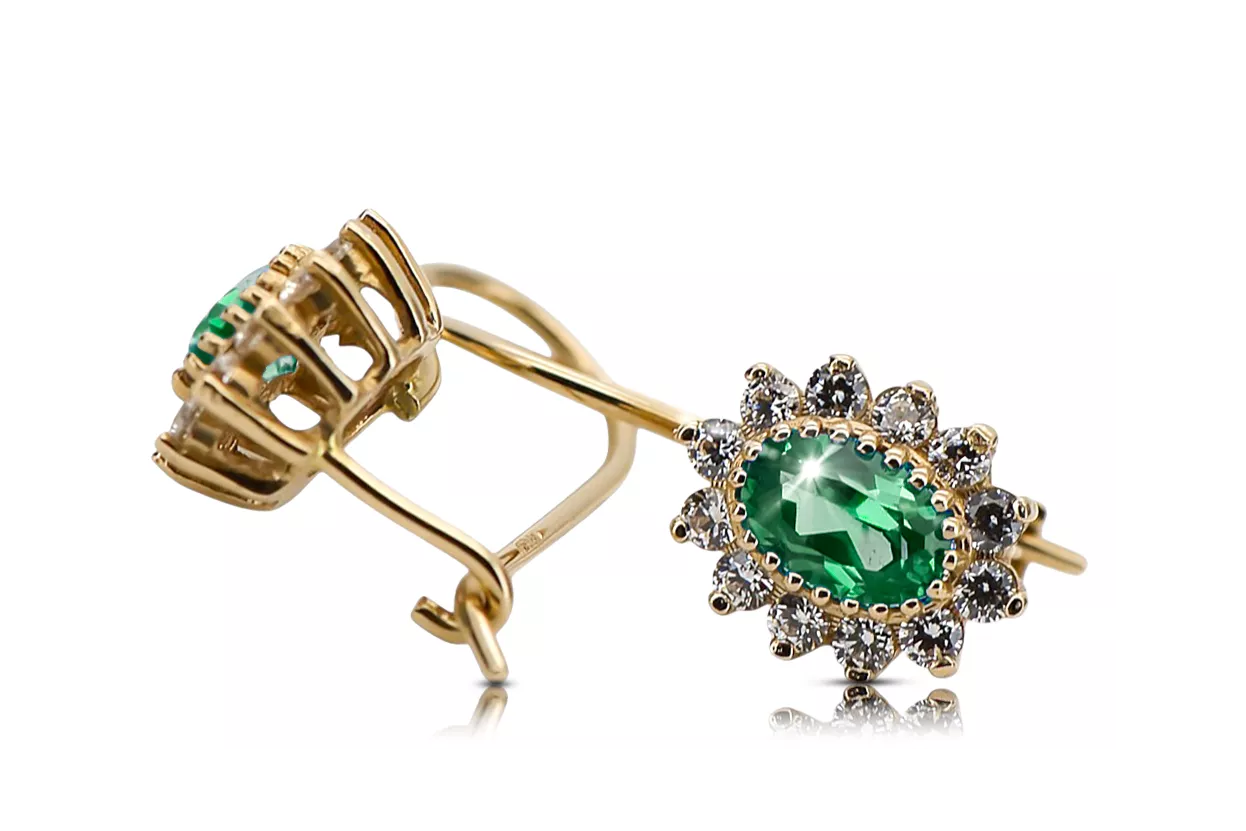 Yellow 14k gold 585 Emerald earrings cec026y-em Russian Soviet USSR Vintage craft Art Deco style