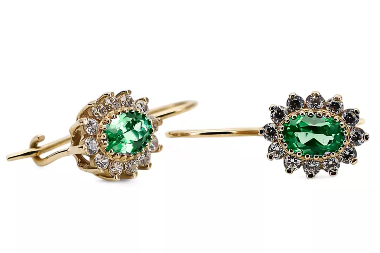 Yellow 14k gold 585 Emerald earrings cec026y-em Russian Soviet USSR Vintage craft Art Deco style