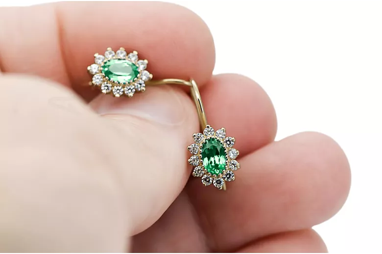 Yellow 14k gold 585 Emerald earrings cec026y-em Russian Soviet USSR Vintage craft Art Deco style