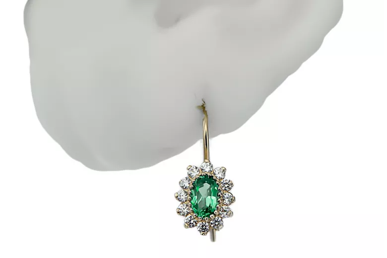 Yellow 14k gold 585 Emerald earrings cec026y-em Russian Soviet USSR Vintage craft Art Deco style