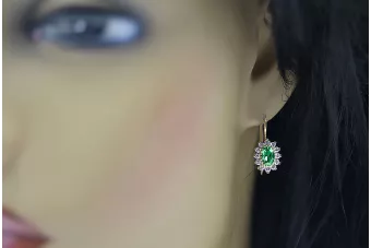 Oro amarillo de 14 quilates 585 Emerald pendientes cec026y-em Ruso Soviético URSS Artesanía vintage Art Deco style