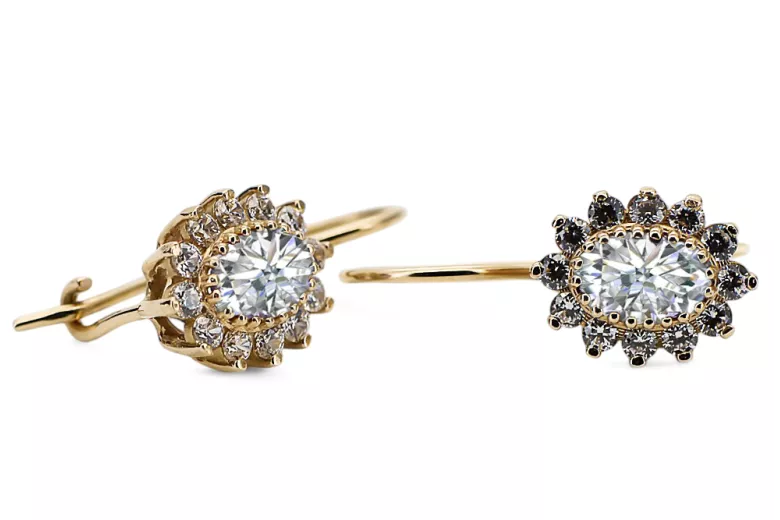Yellow 14k gold 585 Zircon earrings cec026y-zi Russian Soviet USSR Vintage Jewelry Art Deco style