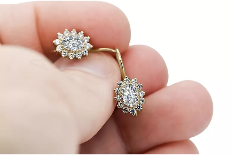 Yellow 14k gold 585 Zircon earrings cec026y-zi Russian Soviet USSR Vintage Jewelry Art Deco style