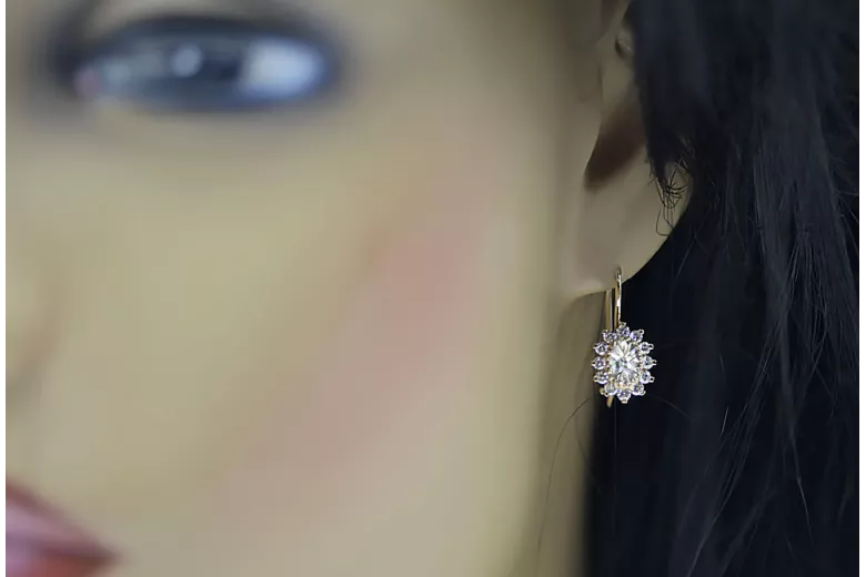 Yellow 14k gold 585 Zircon earrings cec026y-zi Russian Soviet USSR Vintage Jewelry Art Deco style