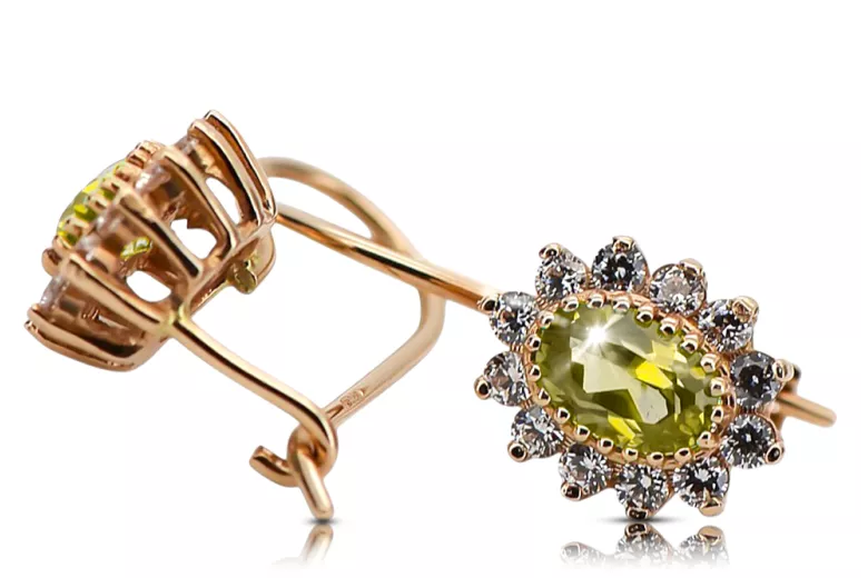 14k žlté zlato 585 Yellow Peridot náušnice cec026y-yp Russian Soviet USSR Vintage Art Deco style