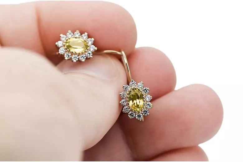 14k geltonas auksas 585 Yellow Peridot auskarai cec026y-yp Rusų Tarybinis TSRS Vintage Art Deco style Rusiškas sovietinis SSRS s
