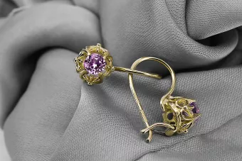 14k žluté zlato 585 Amethyst náušnice vec145y-am Russian Soviet USSR Vintage craft Art Deco style