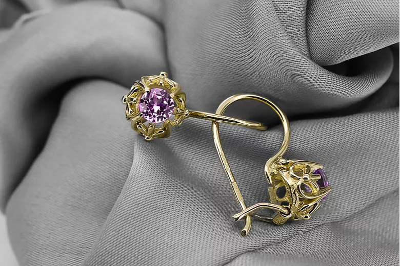 14k geltonas auksas 585 Amethyst auskarai vec145y-am Rusų Tarybinis TSRS Vintažiniai papuošalai Art Deco style Rusiškas sovietin