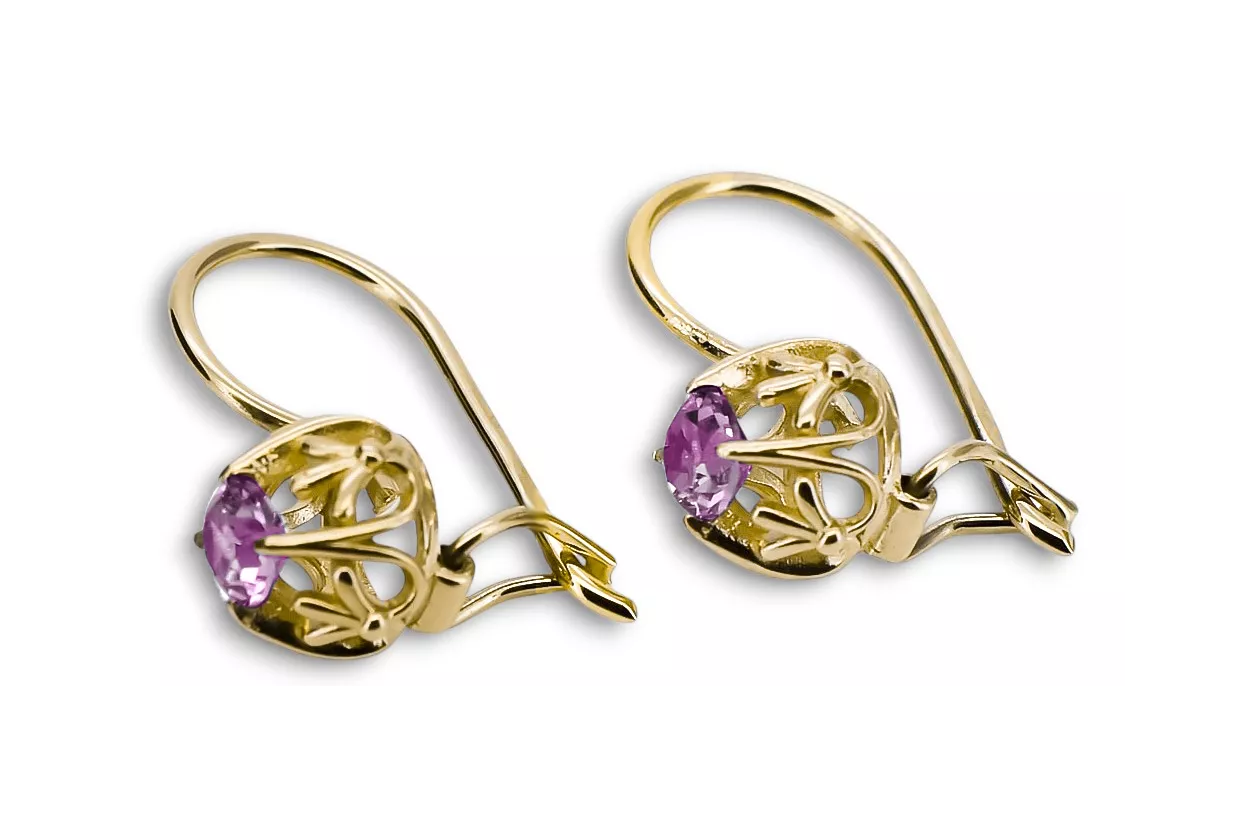 Yellow 14k gold 585 Amethyst earrings vec145y-am Russian Soviet USSR Vintage craft Art Deco style