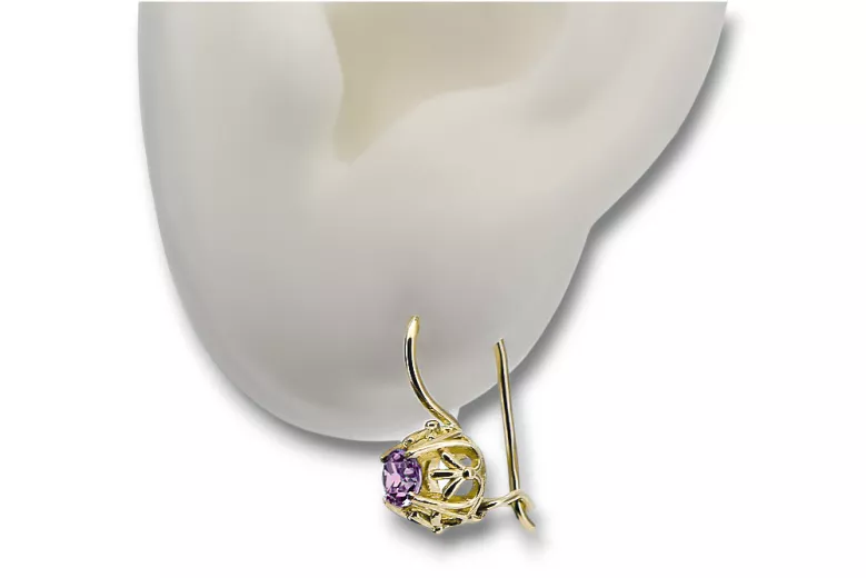 Yellow 14k gold 585 Amethyst earrings vec145y-am Russian Soviet USSR Vintage craft Art Deco style