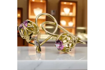 Yellow 14k gold 585 Amethyst earrings vec145y-am Russian Soviet USSR Vintage craft Art Deco style