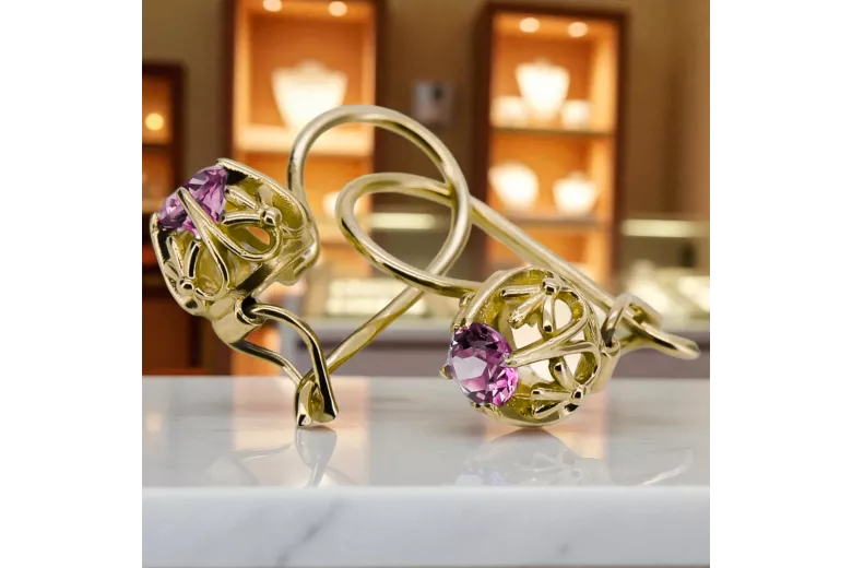 Yellow 14k gold 585 Amethyst earrings vec145y-am Russian Soviet USSR Vintage craft Art Deco style