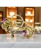 Or jaune 14 carats 585 Amethyst des boucles d'oreilles vec145y-am Russe Soviétique URSS Bijoux vintage Art Deco style