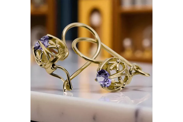 Or jaune 14 carats 585 Alexandrite des boucles d'oreilles vec145y-ax Russe Soviétique URSS Vintage Art Deco style