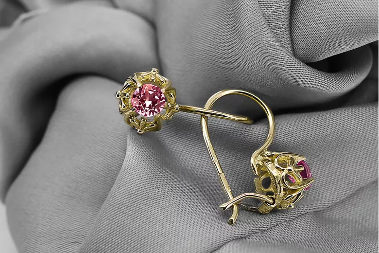 Or jaune 14 carats 585 Ruby des boucles d'oreilles vec145y-rb Russe Soviétique URSS Bijoux vintage Art Deco style