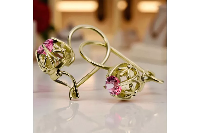 Yellow 14k gold 585 Ruby earrings vec145y-rb Russian Soviet USSR Vintage craft Art Deco style
