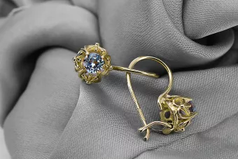 Or jaune 14 carats 585 Aquamarine des boucles d'oreilles vec145y-aq Russe Soviétique URSS Bijoux vintage Art Deco style