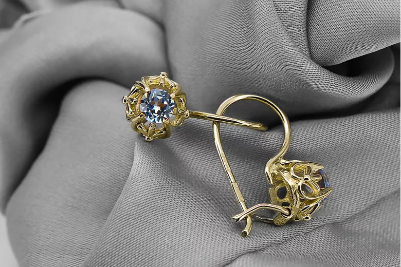 Aur galben 14K 585 Aquamarine cercei vec145y-aq Rusesc Sovietic URSS Stil Vintage Art Deco style
