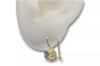 Oro amarillo de 14 quilates 585 Aquamarine pendientes vec145y-aq Ruso Soviético URSS Joyería vintage Art Deco style