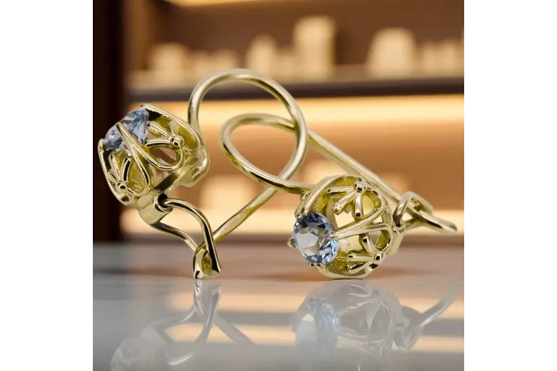 14K жълто злато 585 Aquamarine Обеци vec145y-aq Руски Съветски СССР Винтидж бижута Ар-деко style Art Deco