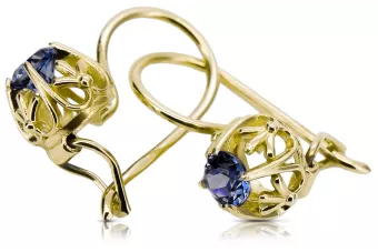 Oro amarillo de 14 quilates 585 Sapphire pendientes vec145y-sp Ruso Soviético URSS Joyería vintage Art Deco style