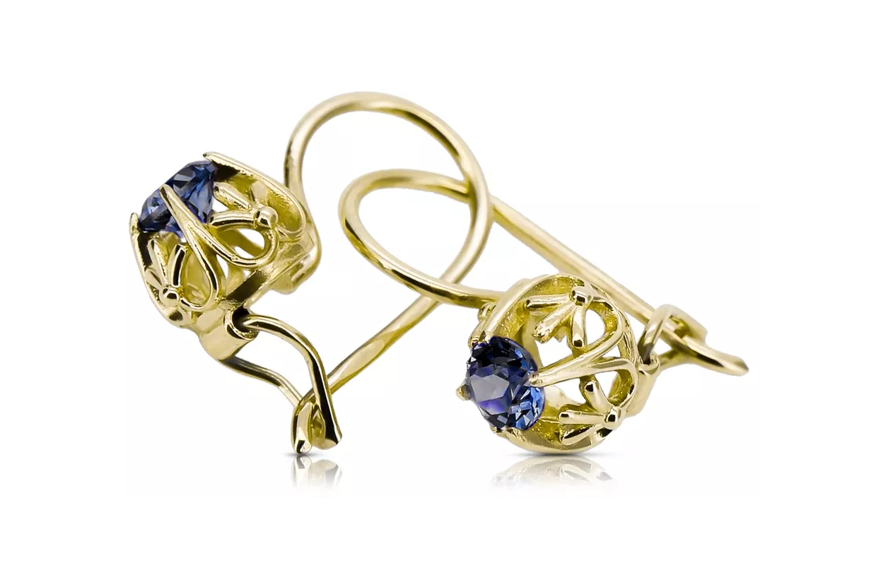 Kolczyki z żółtego 14k złota 585 z Szafirem vec145y-sp Sowiecki styl Vintage unikatowe Art Deco