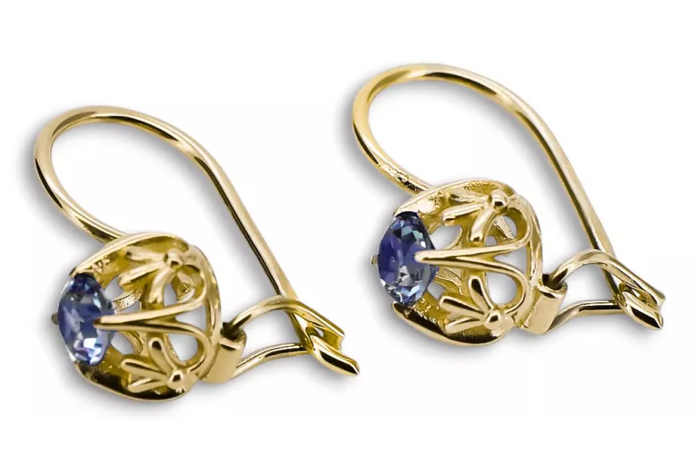 Or jaune 14 carats 585 Sapphire des boucles d'oreilles vec145y-sp Russe Soviétique URSS Artisanat vintage Art Deco style