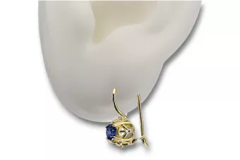 Yellow 14k gold 585 Sapphire earrings vec145y-sp Russian Soviet USSR Vintage Jewelry Art Deco style