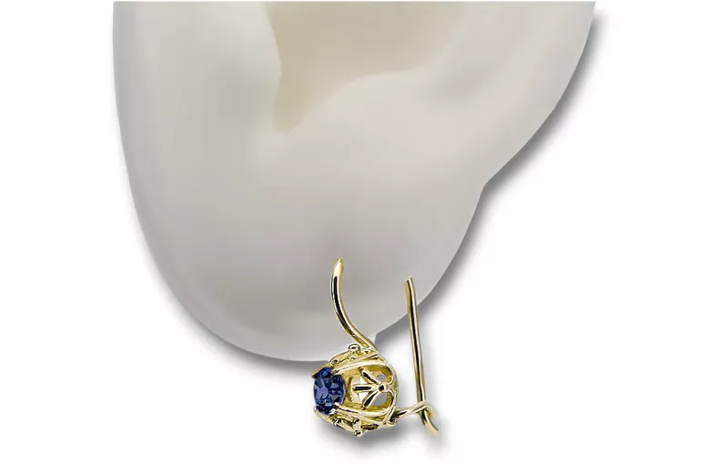 Yellow 14k gold 585 Sapphire earrings vec145y-sp Russian Soviet USSR Vintage Jewelry Art Deco style