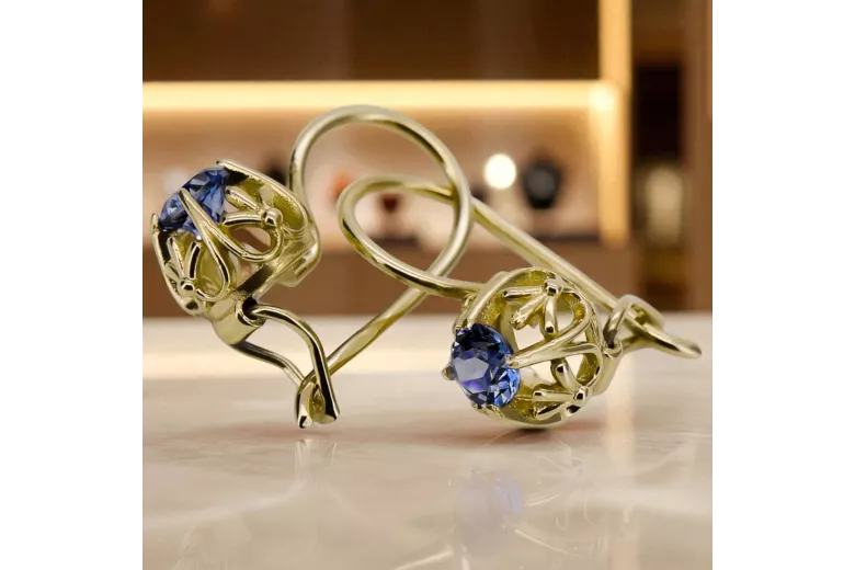 Oro amarillo de 14 quilates 585 Sapphire pendientes vec145y-sp Ruso Soviético URSS Joyería vintage Art Deco style