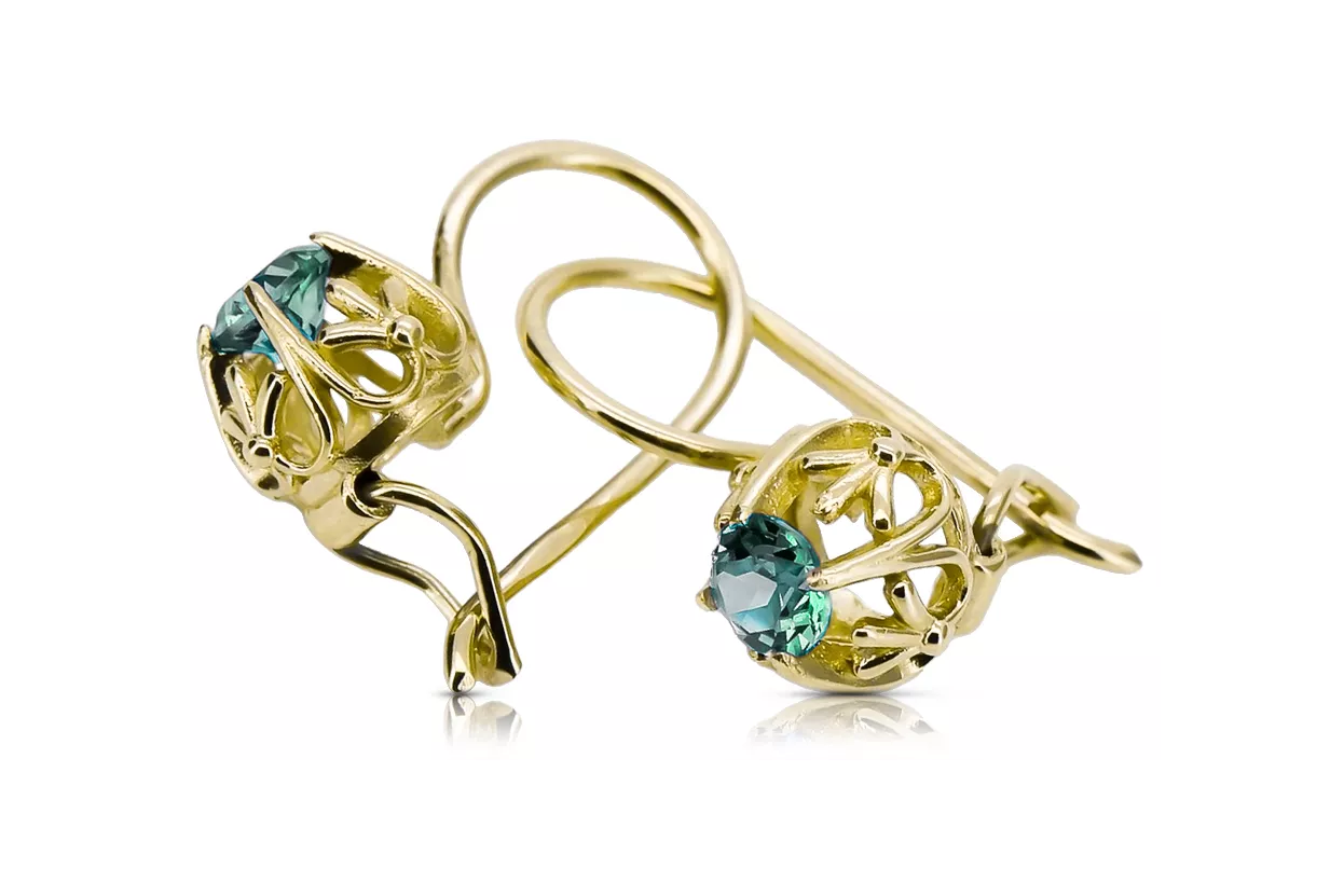 Oro amarillo de 14 quilates 585 Emerald pendientes vec145y-em Ruso Soviético URSS Joyería vintage Art Deco style