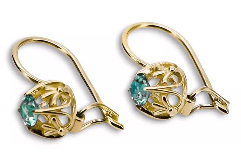 14K жълто злато 585 Emerald Обеци vec145y-em Руски Съветски СССР Винтидж бижута Ар-деко style Art Deco