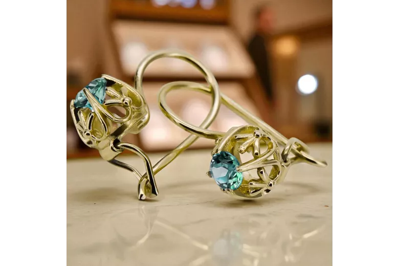 Or jaune 14 carats 585 Emerald des boucles d'oreilles vec145y-em Russe Soviétique URSS Artisanat vintage Art Deco style