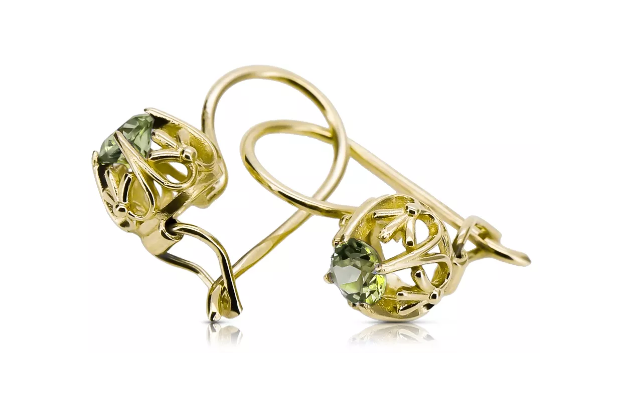 Or jaune 14 carats 585 Yellow Peridot des boucles d'oreilles vec145y-yp Russe Soviétique URSS Artisanat vintage Art Deco style