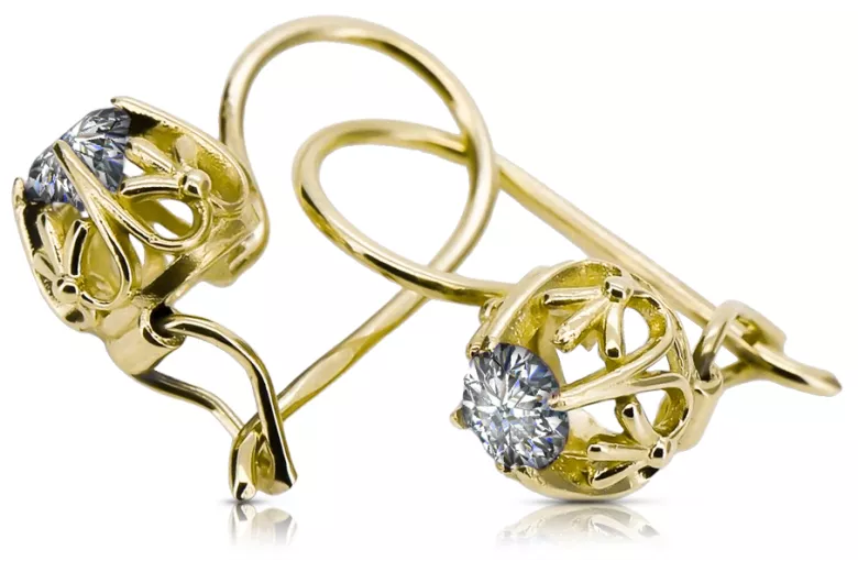 Oro amarillo de 14 quilates 585 Zircon pendientes vec145y-zi Ruso Soviético URSS Joyería vintage Art Deco style