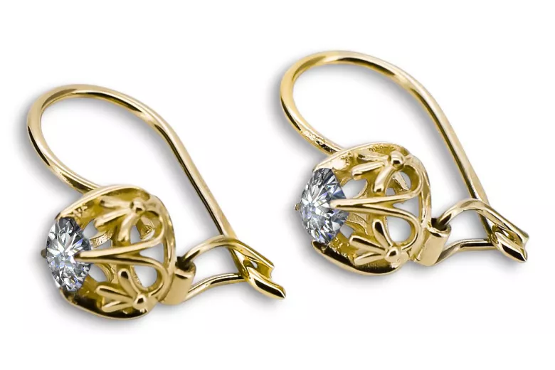 Yellow 14k gold 585 Zircon earrings vec145y-zi Russian Soviet USSR Vintage Jewelry Art Deco style