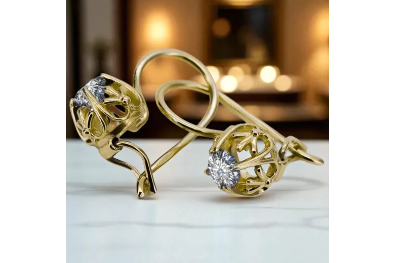 Yellow 14k gold 585 Zircon earrings vec145y-zi Russian Soviet USSR Vintage Jewelry Art Deco style