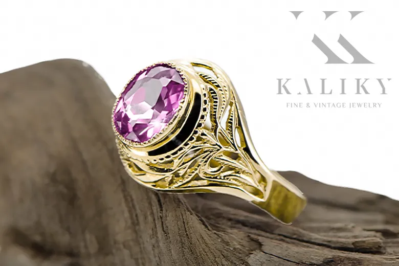 Ring Amethyst 14 Karat Gelbgold Vintage Handwerk vrc012y-am Art Deco Russischer sowjetischer -Schmuckstil der UdSSR